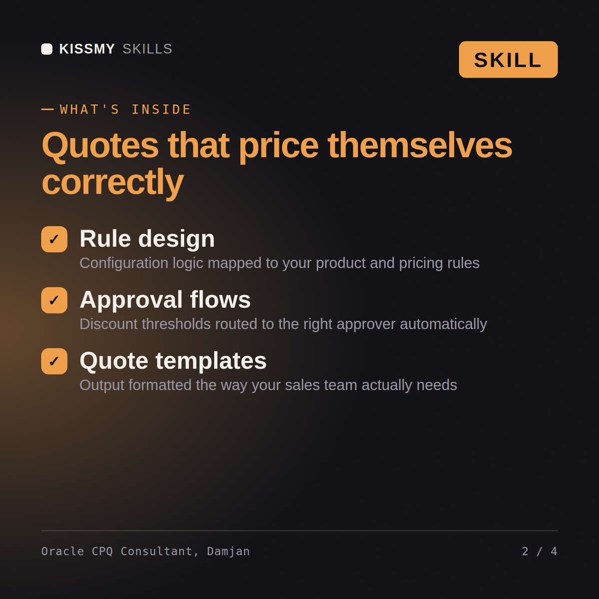 What's inside the Oracle CPQ Consultant, Damjan AI skill: Rule design, Approval flows, Quote templates
