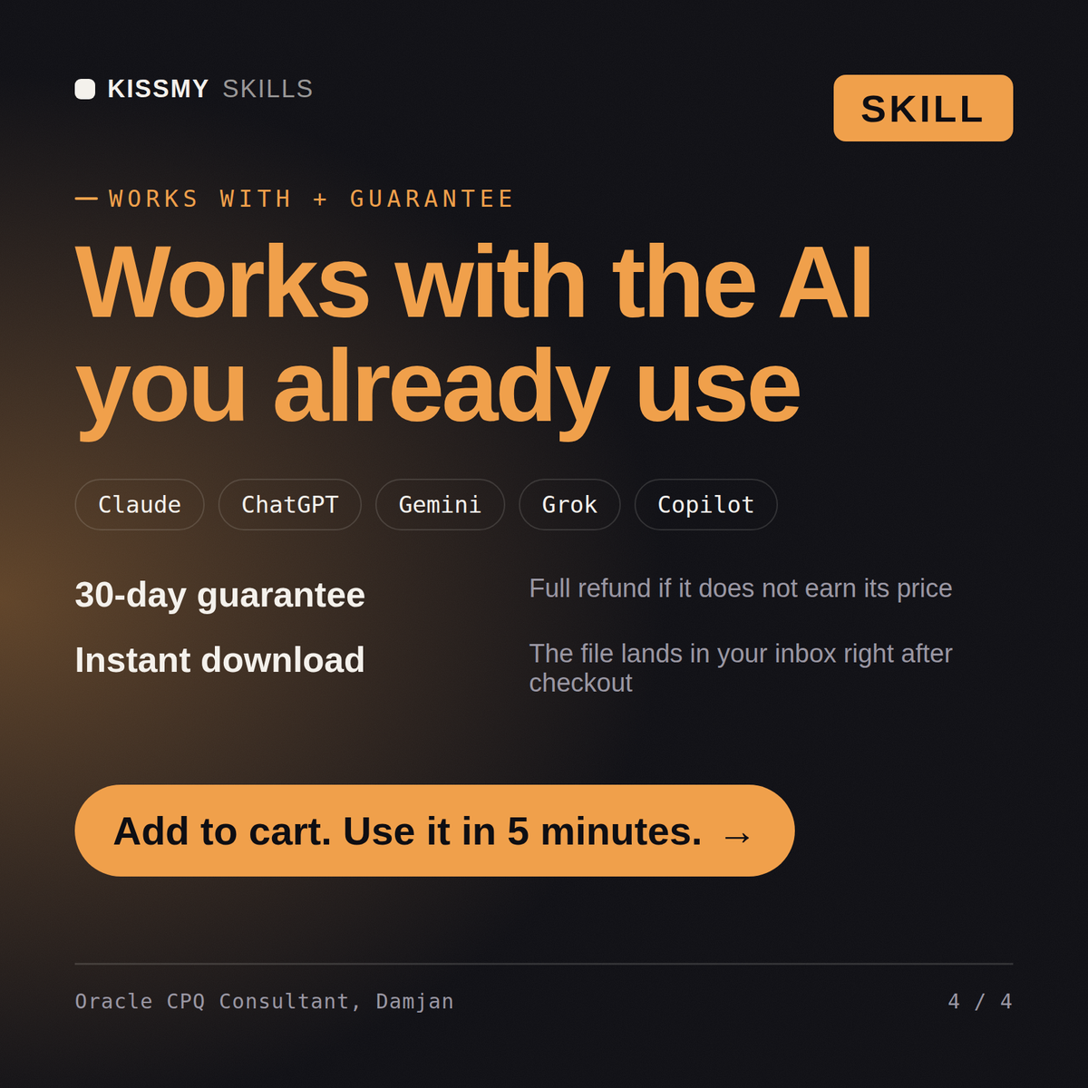 The Oracle CPQ Consultant, Damjan AI skill works with Claude, ChatGPT, Gemini and any AI chat, 30-day money-back guarantee