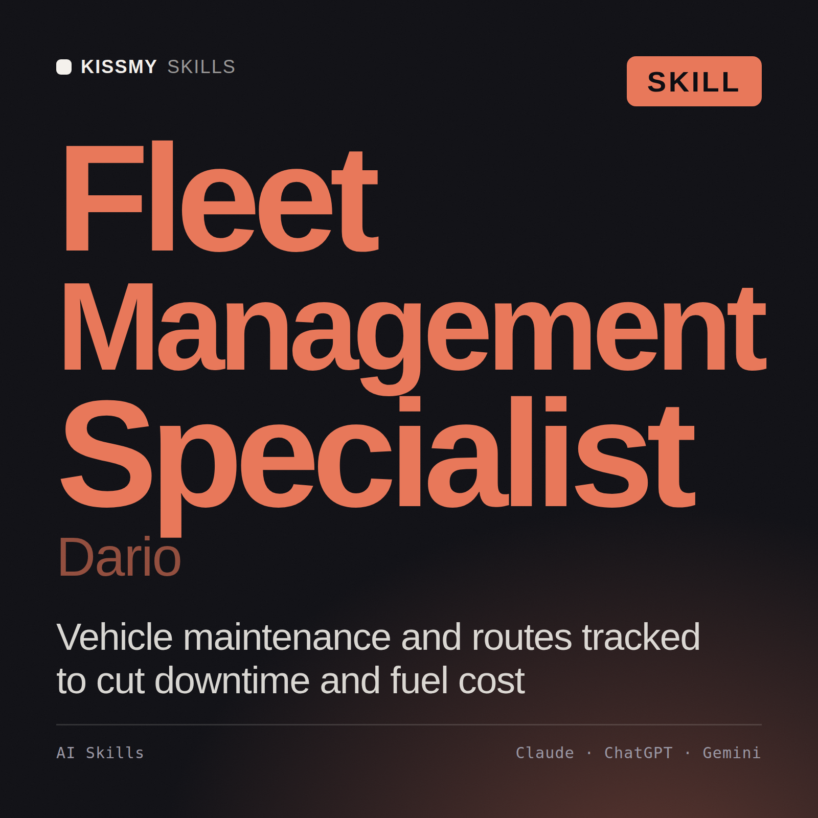 Fleet Management Specialist, Dario AI skill by KissMySkills, cover