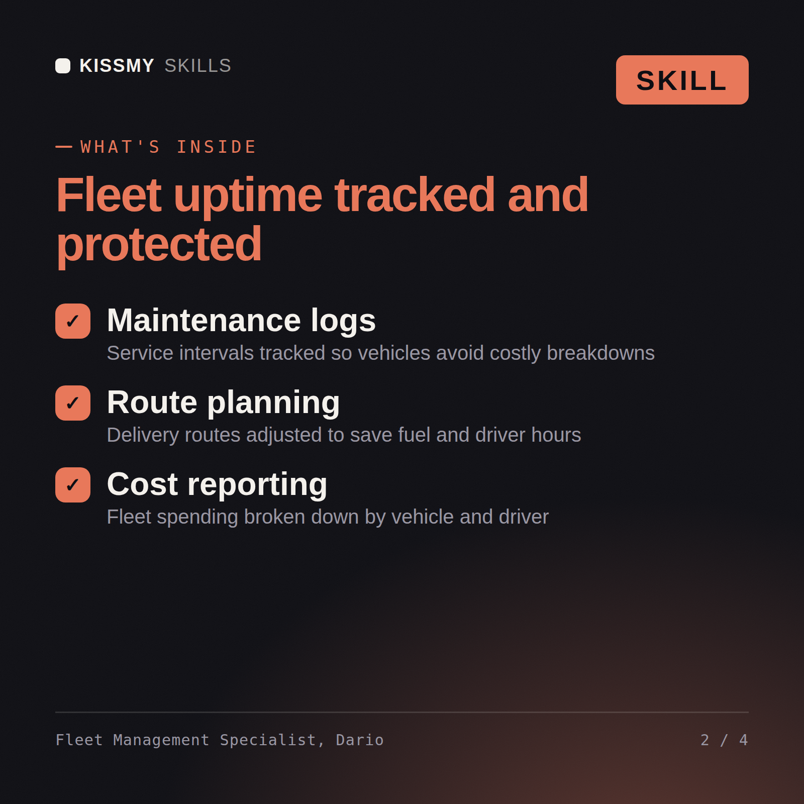 What's inside the Fleet Management Specialist, Dario AI skill: Maintenance logs, Route planning, Cost reporting