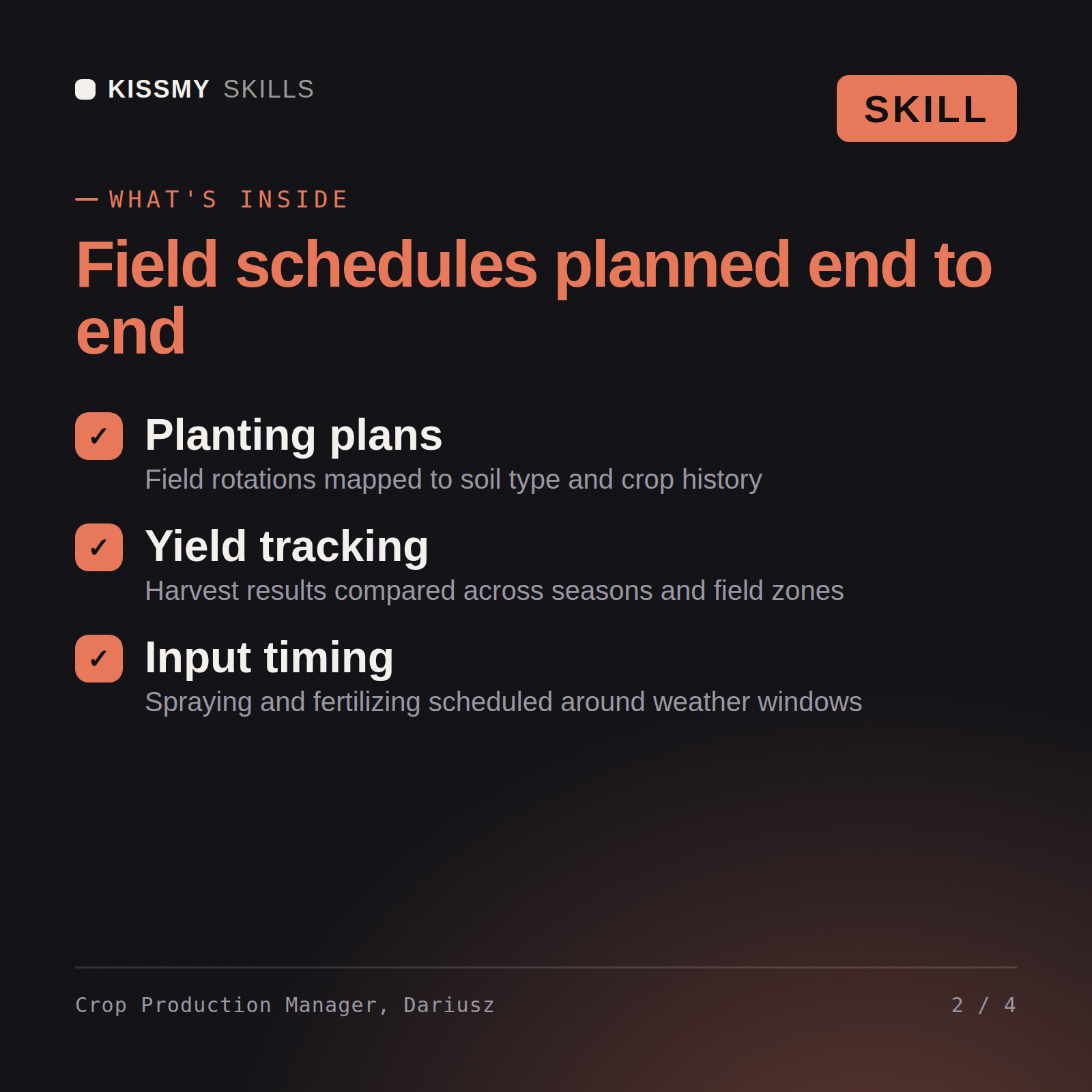 What's inside the Crop Production Manager, Dariusz AI skill: Planting plans, Yield tracking, Input timing