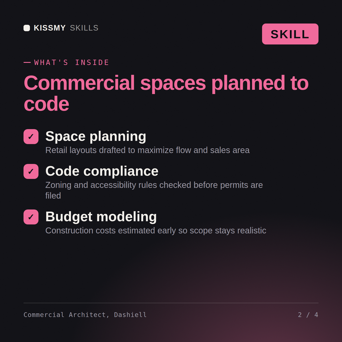 What's inside the Commercial Architect, Dashiell AI skill: Space planning, Code compliance, Budget modeling