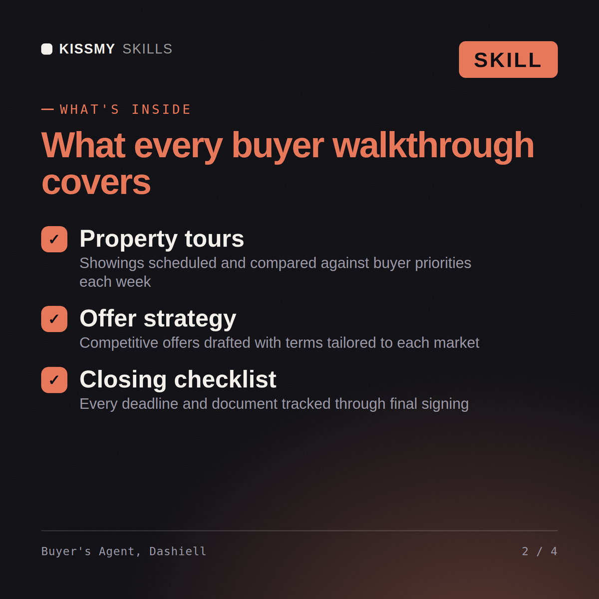 What's inside the Buyer's Agent, Dashiell AI skill: Property tours, Offer strategy, Closing checklist