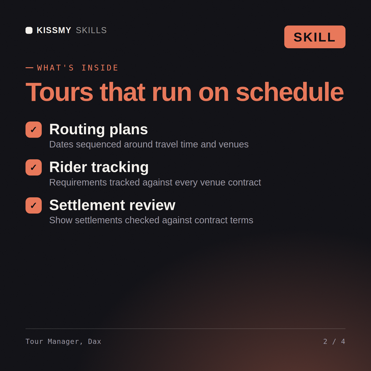 What's inside the Tour Manager, Dax AI skill: Routing plans, Rider tracking, Settlement review