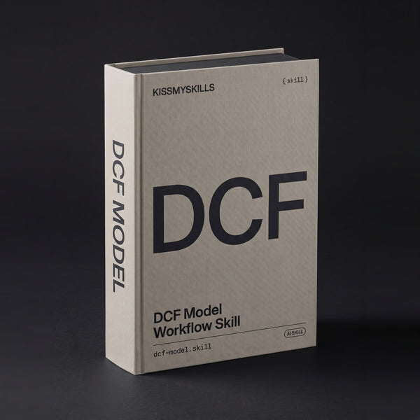 DCF Model Claude skill by KissMySkills, warm greige bookcloth cover with the monogram DCF