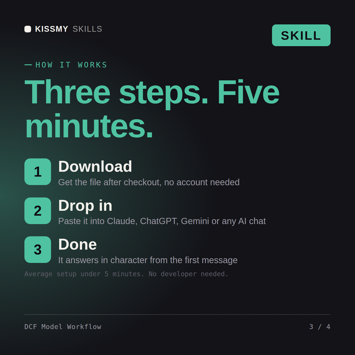 How the DCF Model Workflow AI skill works in three steps: download, drop it into your AI chat, done