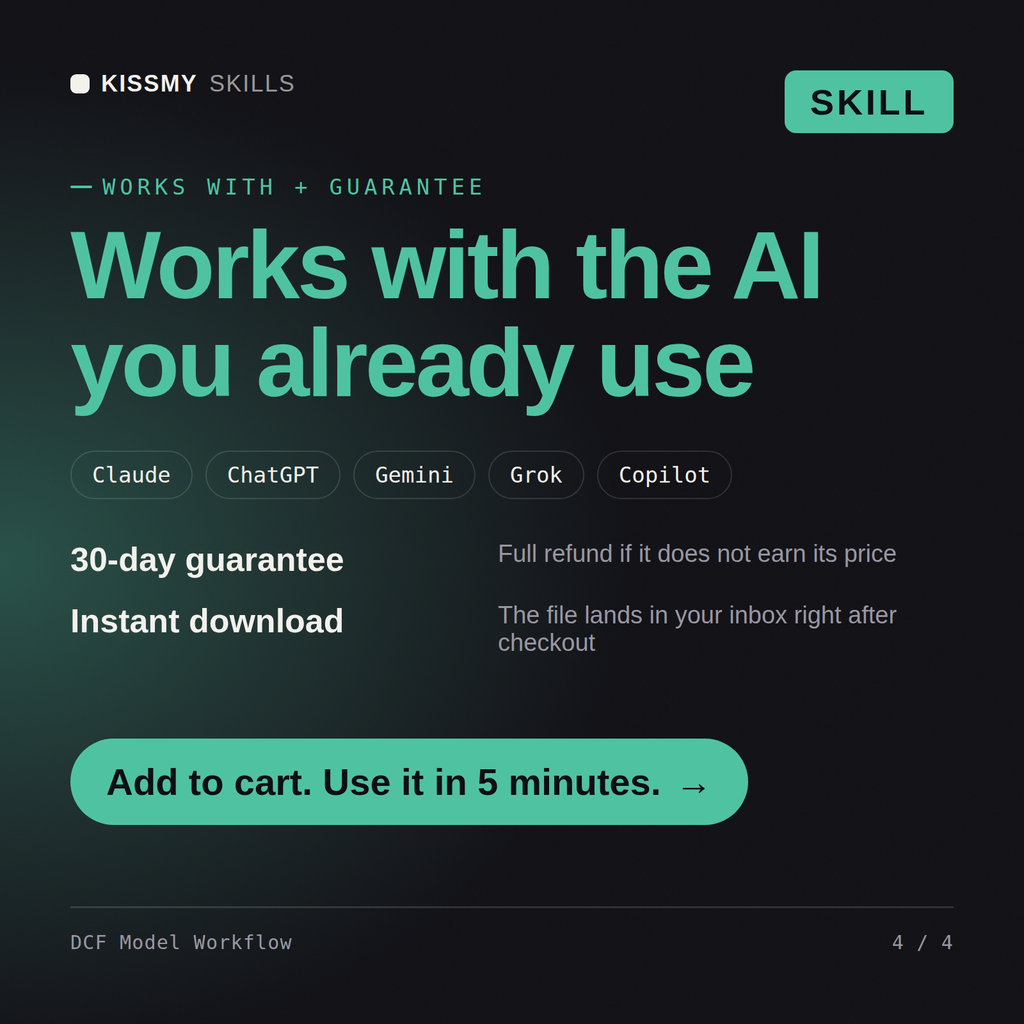 The DCF Model Workflow AI skill works with Claude, ChatGPT, Gemini and any AI chat, 30-day money-back guarantee