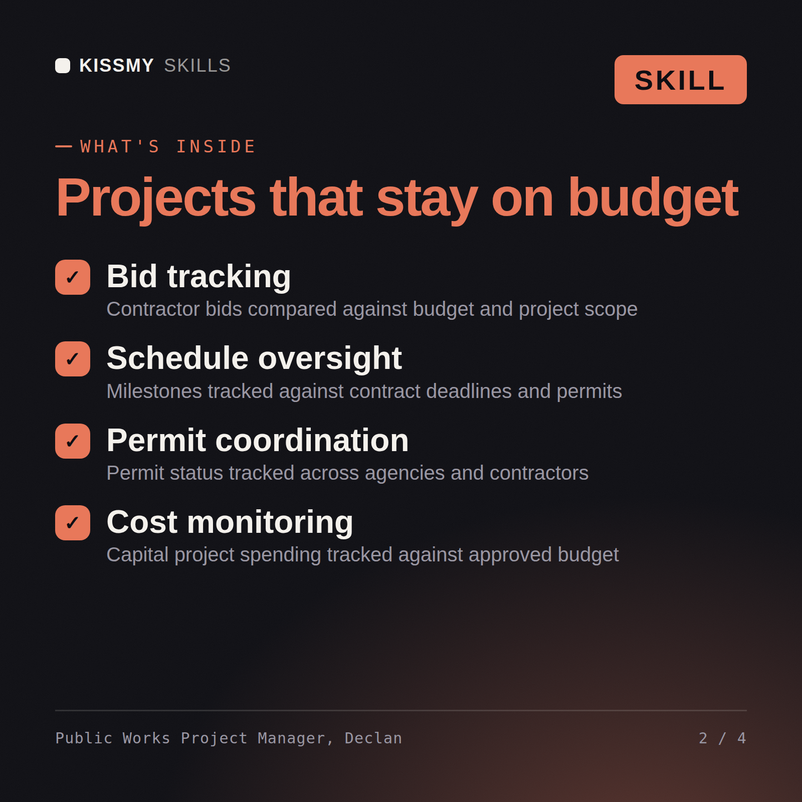 What's inside the Public Works Project Manager, Declan AI skill: Bid tracking, Schedule oversight, Permit coordination, Cost monitoring