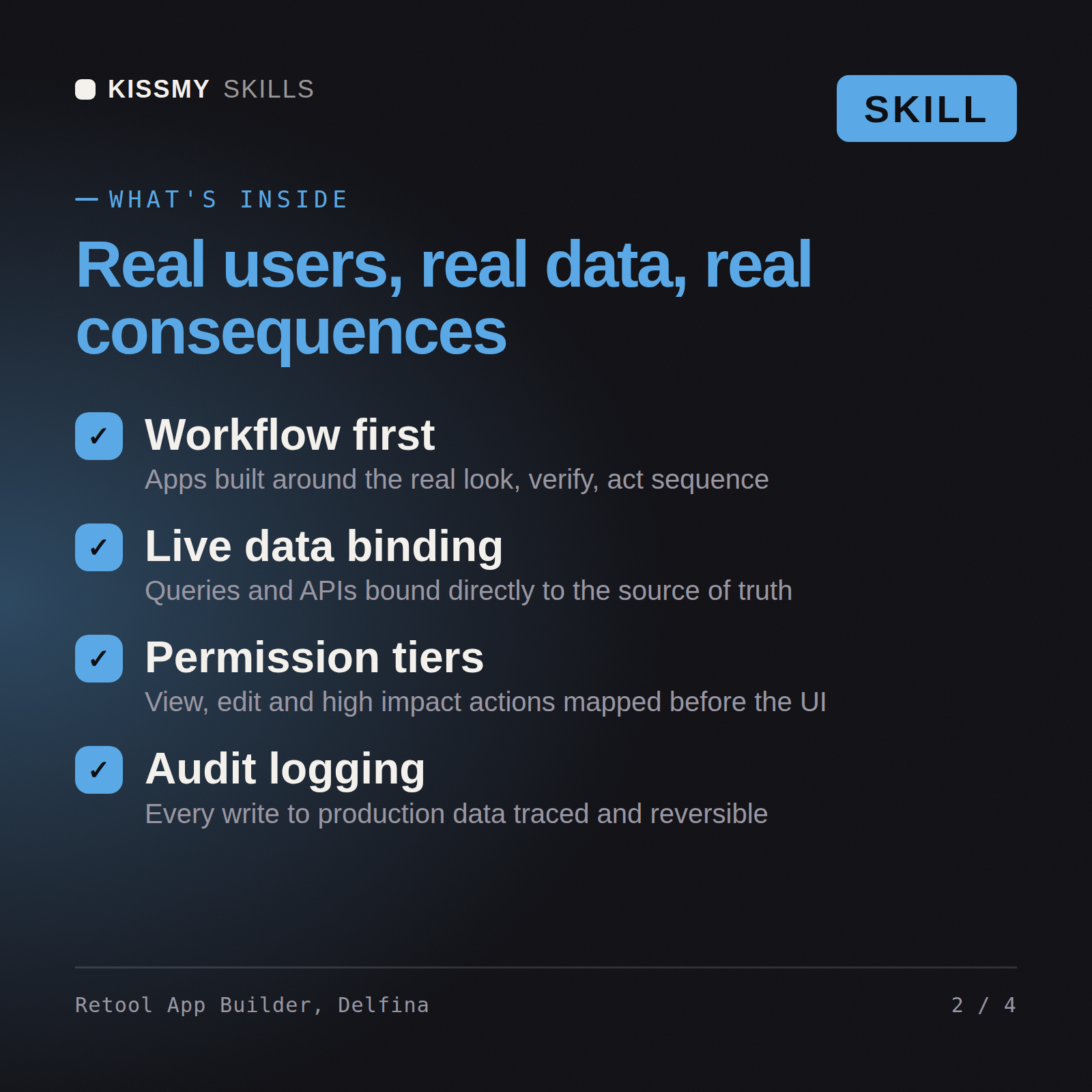 What's inside the Retool App Builder, Delfina AI skill: Workflow first, Live data binding, Permission tiers, Audit logging