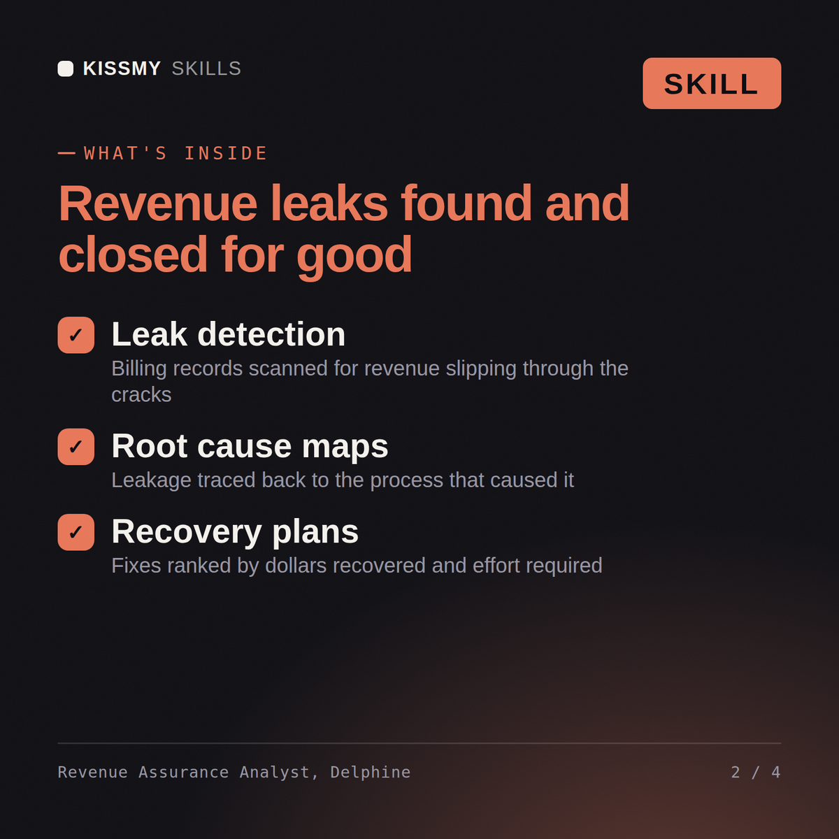 What's inside the Revenue Assurance Analyst, Delphine AI skill: Leak detection, Root cause maps, Recovery plans