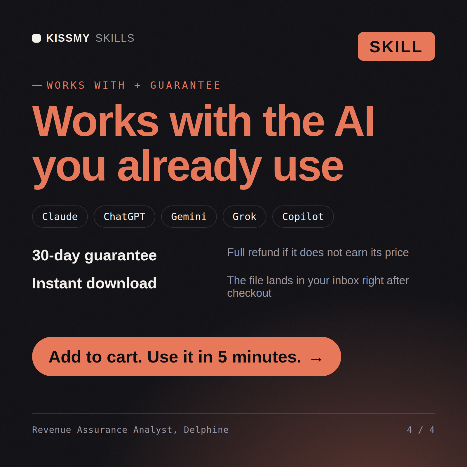 The Revenue Assurance Analyst, Delphine AI skill works with Claude, ChatGPT, Gemini and any AI chat, 30-day money-back guarantee