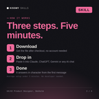 How the UX/UI Product Designer, Denholm AI skill works in three steps: download, drop it into your AI chat, done