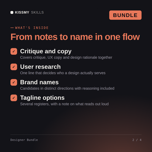 What's inside the Designer Bundle AI bundle: Critique and copy, User research, Brand names, Tagline options
