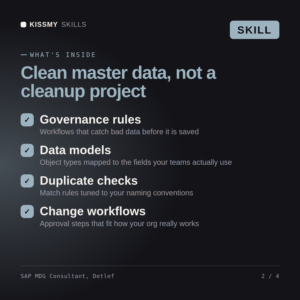 What's inside the SAP MDG Consultant, Detlef AI skill: Governance rules, Data models, Duplicate checks, Change workflows