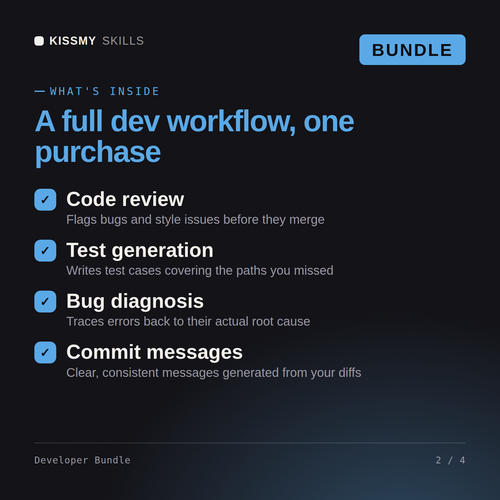 What's inside the Developer Bundle AI bundle: Code review, Test generation, Bug diagnosis, Commit messages