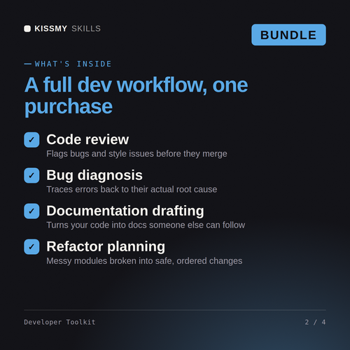 What's inside the Developer Toolkit AI bundle: Code review, Bug diagnosis, Documentation drafting, Refactor planning
