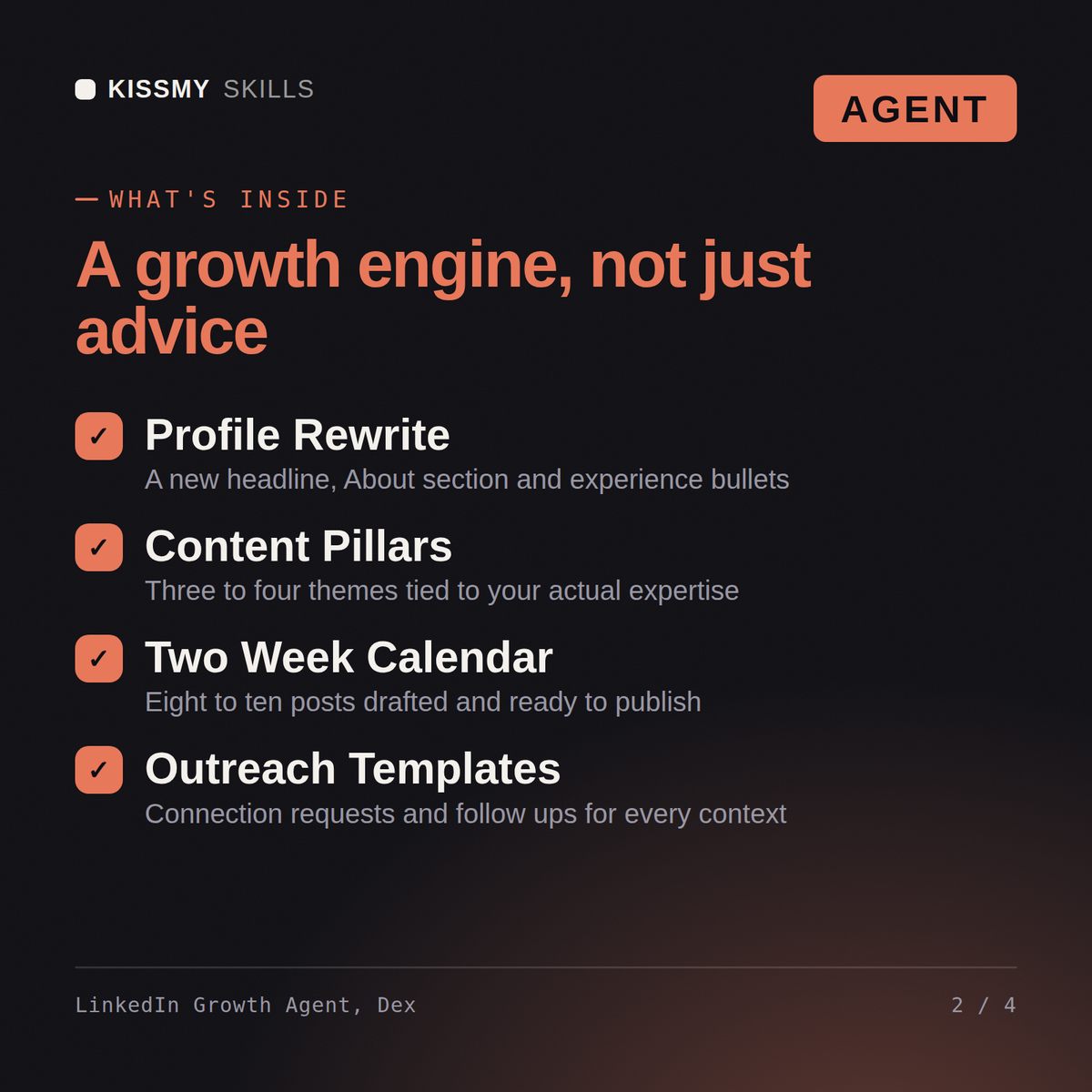 What's inside the LinkedIn Growth Agent, Dex AI agent: Profile Rewrite, Content Pillars, Two Week Calendar, Outreach Templates
