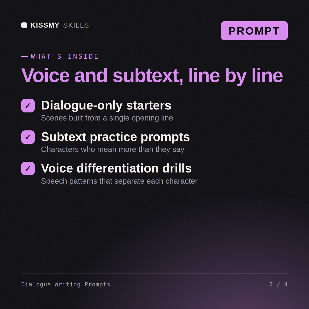 What's inside the Dialogue Writing Prompts AI prompt: Dialogue-only starters, Subtext practice prompts, Voice differentiation drills