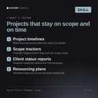 What's inside the Agency Project Manager, Diego AI skill: Project timelines, Scope trackers, Client status reports, Resourcing plans