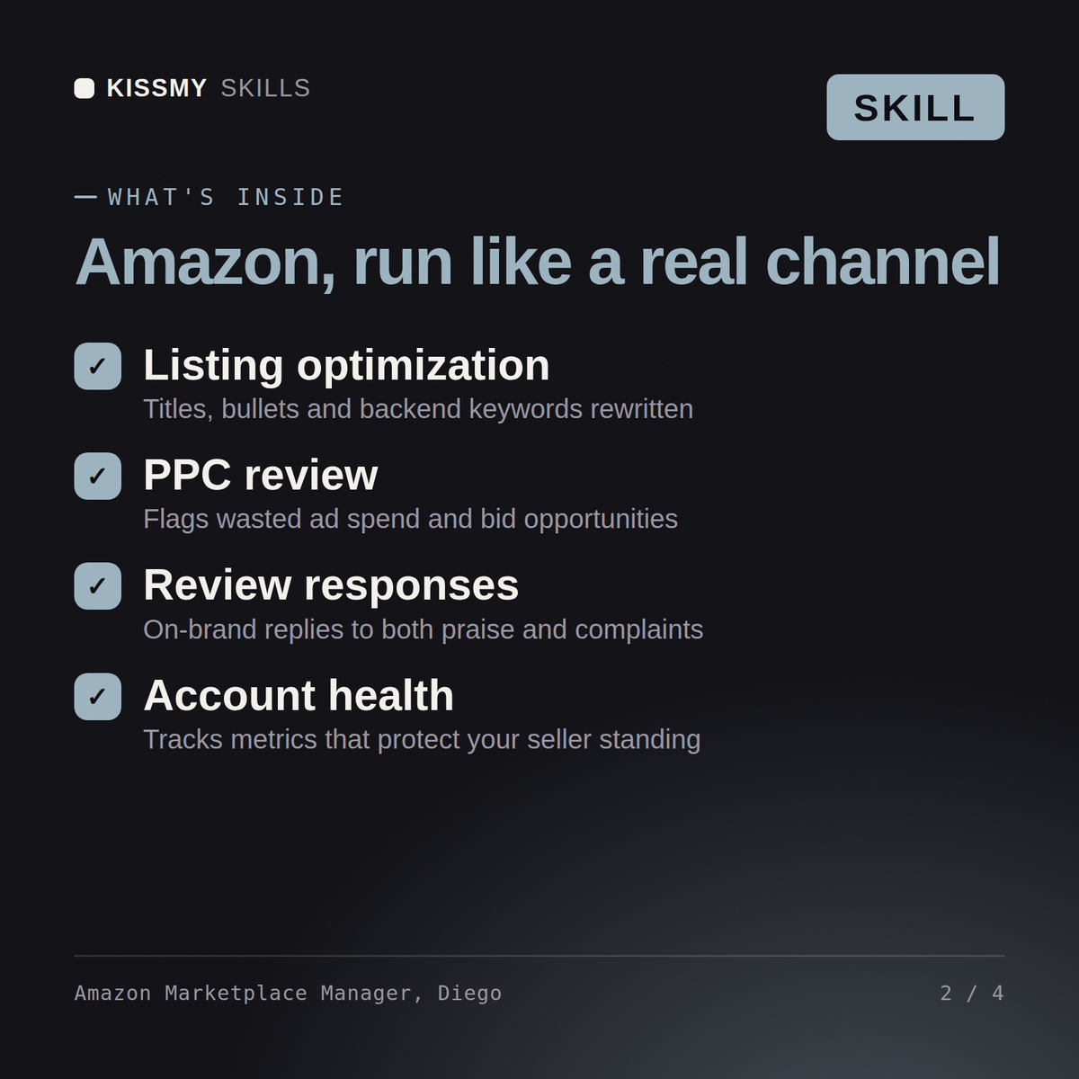 What's inside the Amazon Marketplace Manager, Diego AI skill: Listing optimization, PPC review, Review responses, Account health