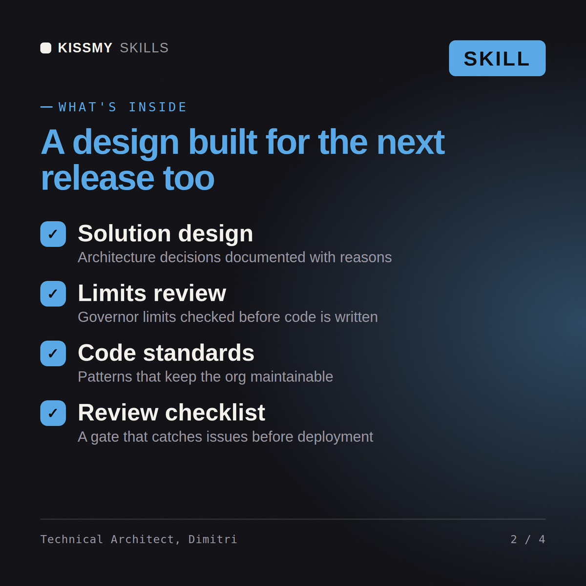 What's inside the Technical Architect, Dimitri AI skill: Solution design, Limits review, Code standards, Review checklist