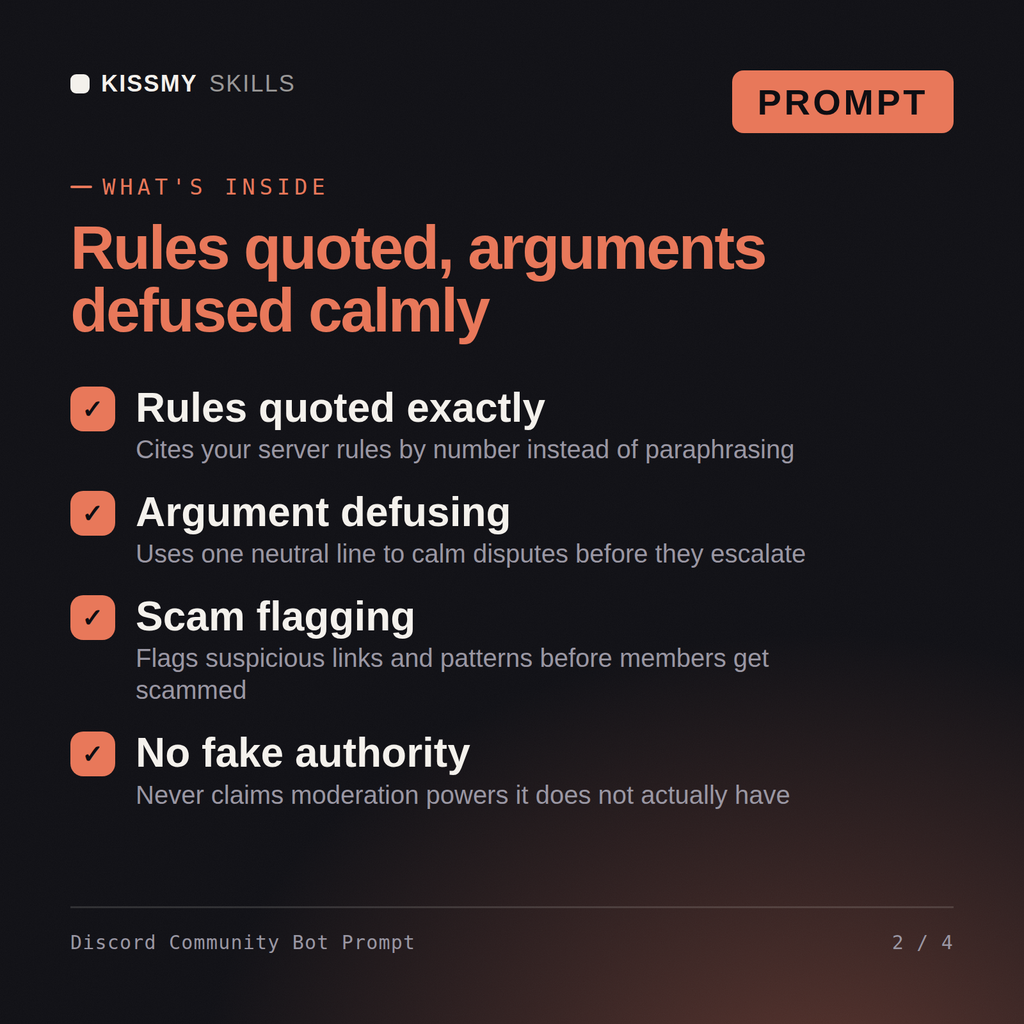 What's inside the Discord Community Bot Prompt AI prompt: Rules quoted exactly, Argument defusing, Scam flagging, No fake authority