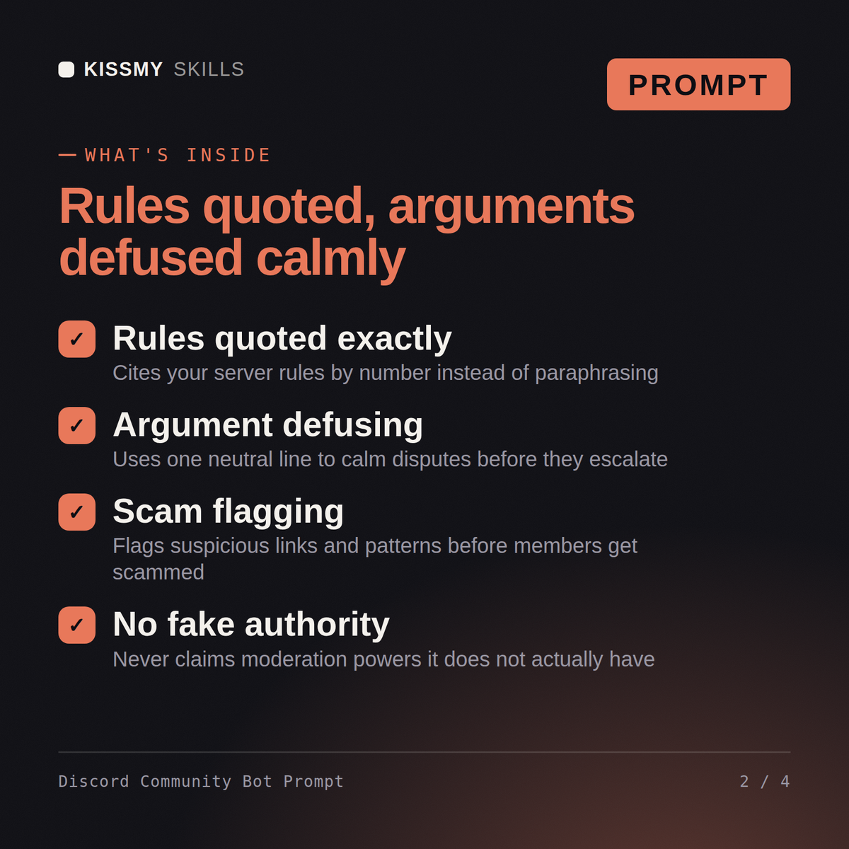 What's inside the Discord Community Bot Prompt AI prompt: Rules quoted exactly, Argument defusing, Scam flagging, No fake authority