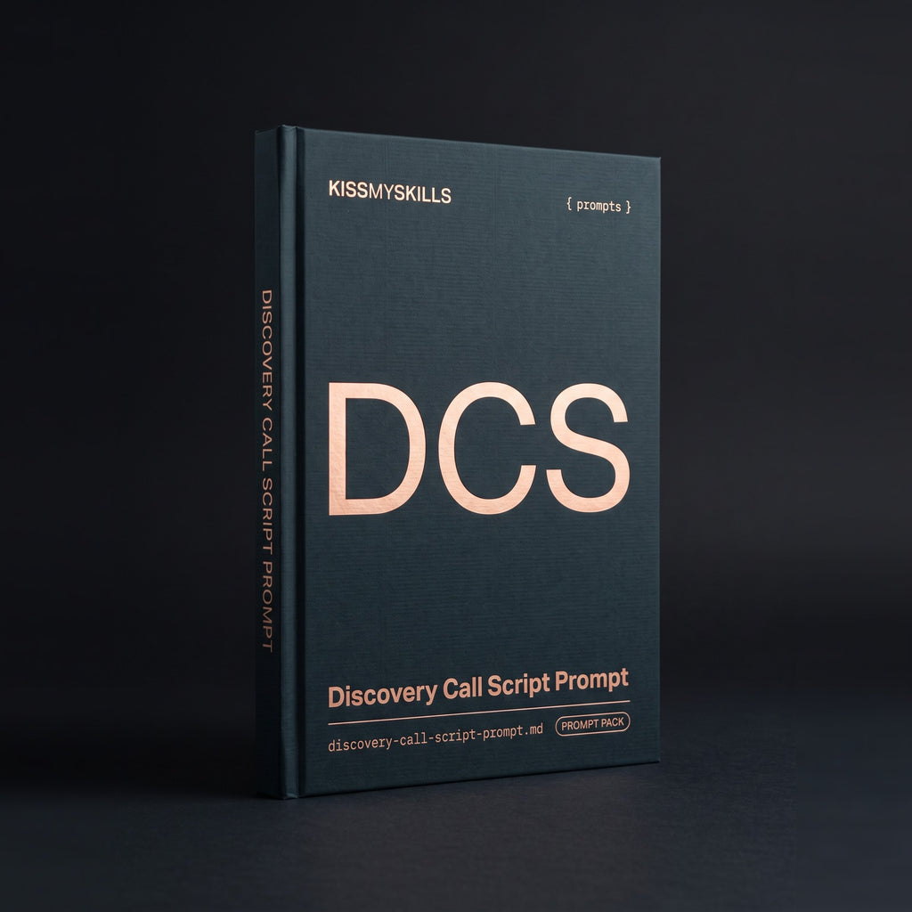 Discovery Call Script prompts for Claude by KissMySkills, deep midnight-teal laid paper cover with the monogram DCS