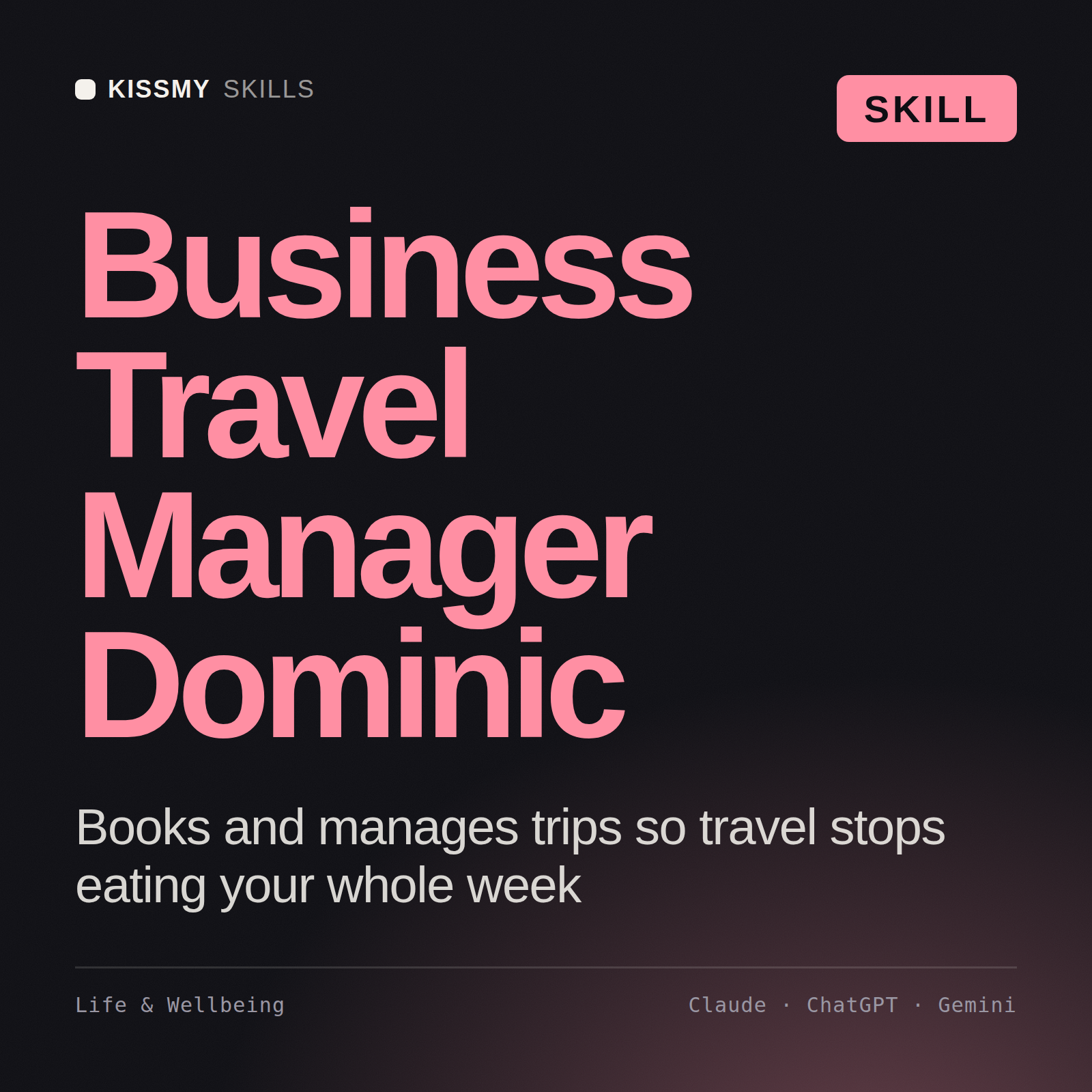 Business Travel Manager, Dominic AI skill by KissMySkills, cover