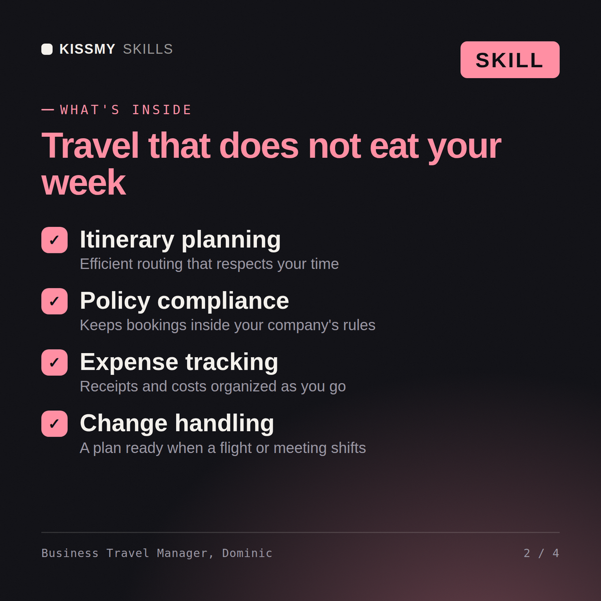 What's inside the Business Travel Manager, Dominic AI skill: Itinerary planning, Policy compliance, Expense tracking, Change handling