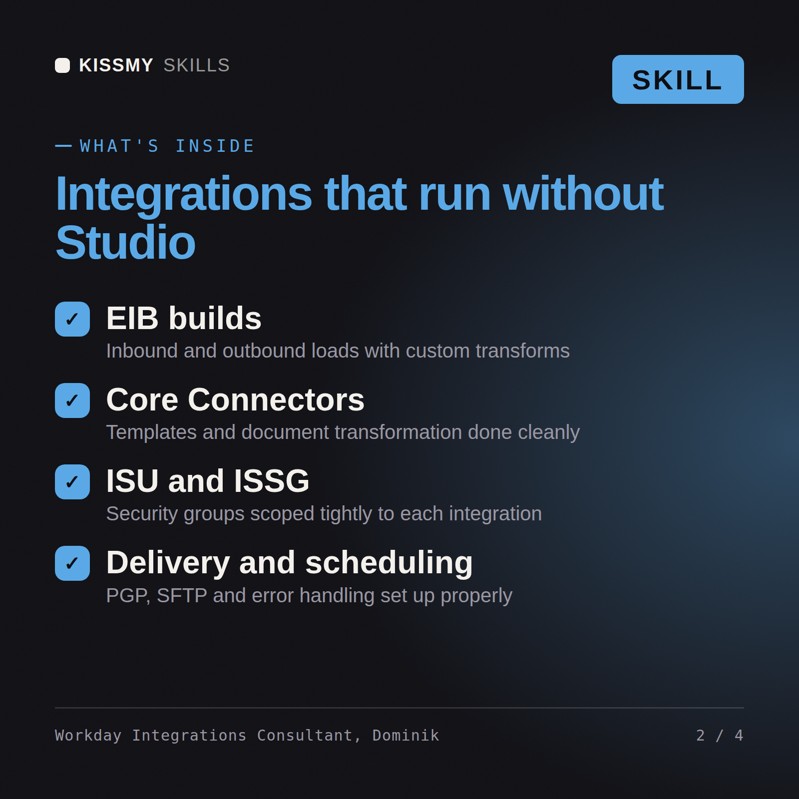 What's inside the Workday Integrations Consultant, Dominik AI skill: EIB builds, Core Connectors, ISU and ISSG, Delivery and scheduling