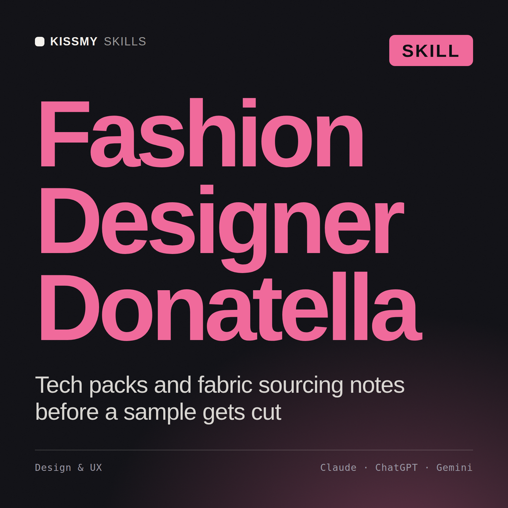 Fashion Designer, Donatella AI skill by KissMySkills, cover