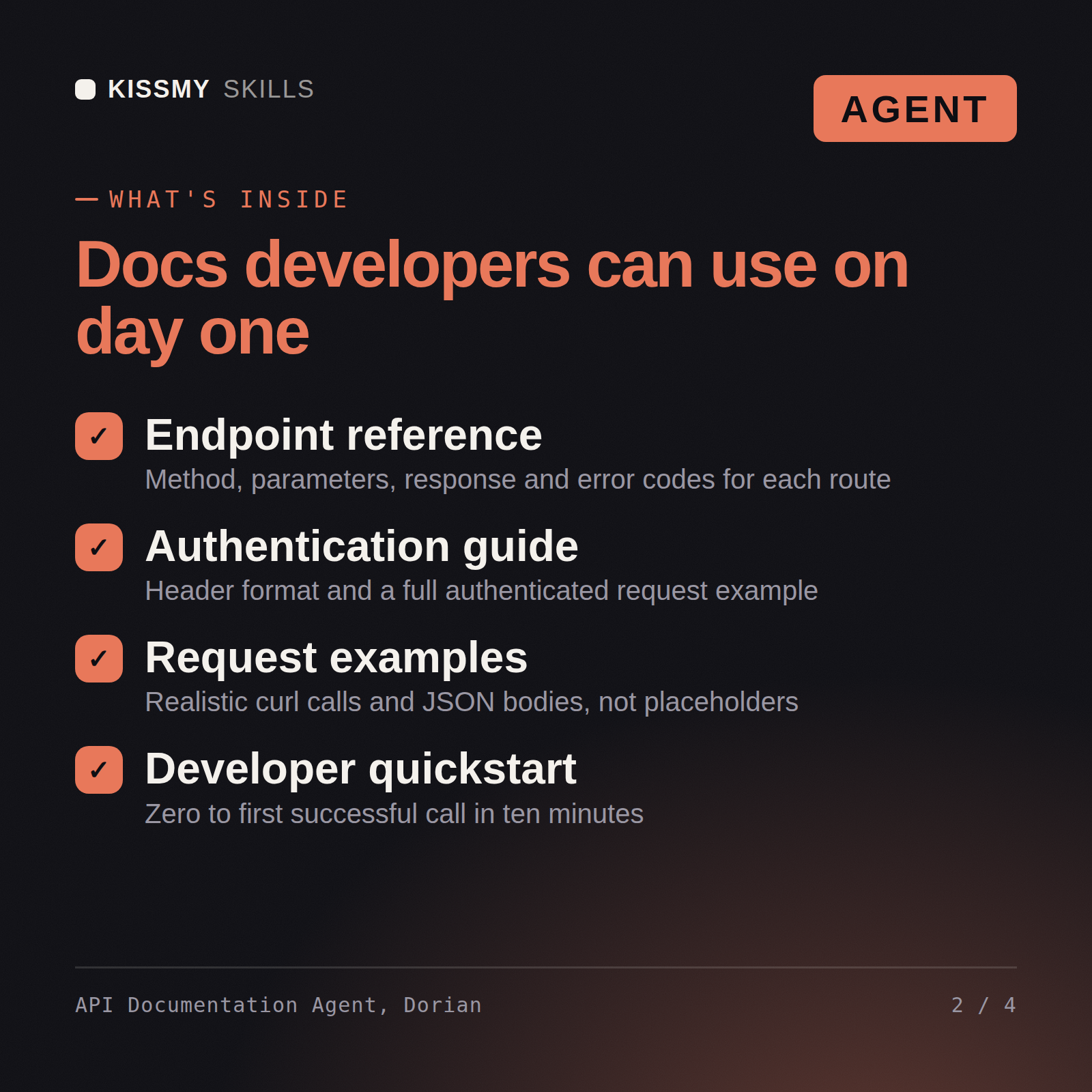 What's inside the API Documentation Agent, Dorian AI agent: Endpoint reference, Authentication guide, Request examples, Developer quickstart