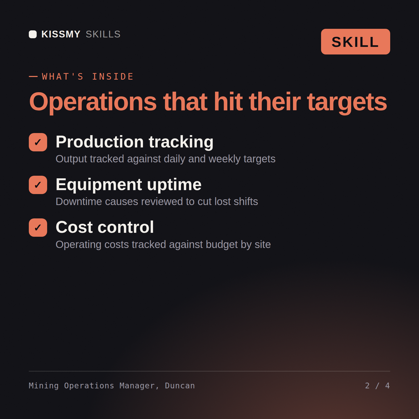 What's inside the Mining Operations Manager, Duncan AI skill: Production tracking, Equipment uptime, Cost control