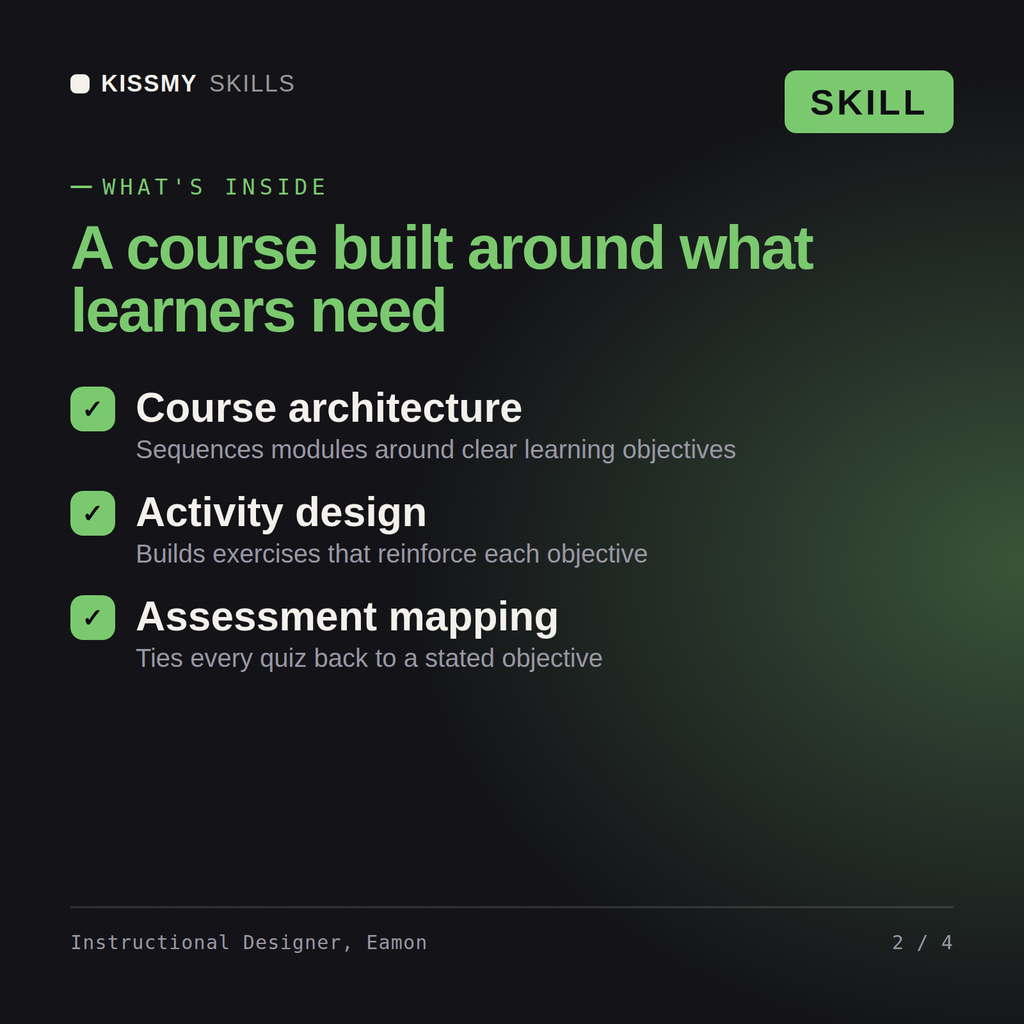 What's inside the Instructional Designer, Eamon AI skill: Course architecture, Activity design, Assessment mapping