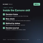 What's inside the Eamonn - Decision Making & Critical Thinking Coach AI skill: Decision frame, Bias check, Method by stakes, Decision journal