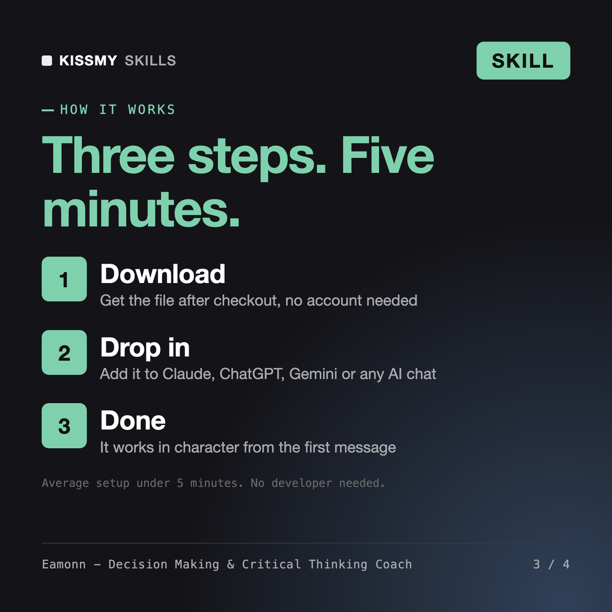 How the Eamonn - Decision Making & Critical Thinking Coach AI skill works in three steps: download, drop it into your AI chat, done