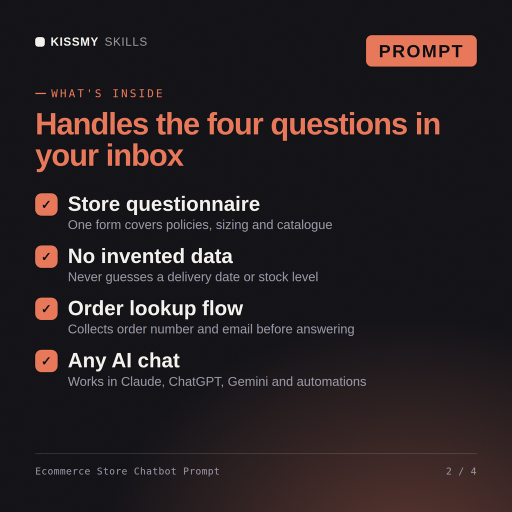What's inside the Ecommerce Store Chatbot Prompt AI prompt: Store questionnaire, No invented data, Order lookup flow, Any AI chat