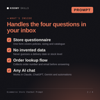 What's inside the Ecommerce Store Chatbot Prompt AI prompt: Store questionnaire, No invented data, Order lookup flow, Any AI chat