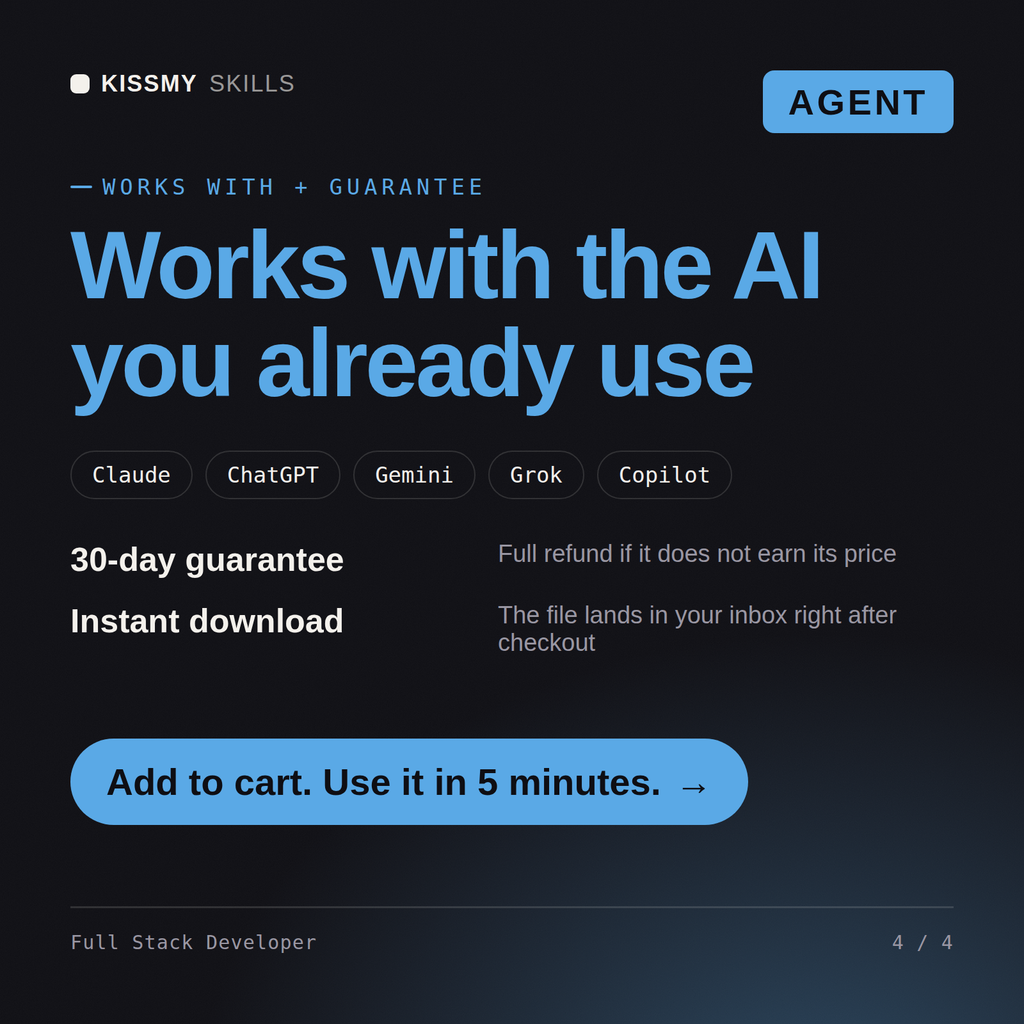 The Full Stack Developer AI agent works with Claude, ChatGPT, Gemini and any AI chat, 30-day money-back guarantee