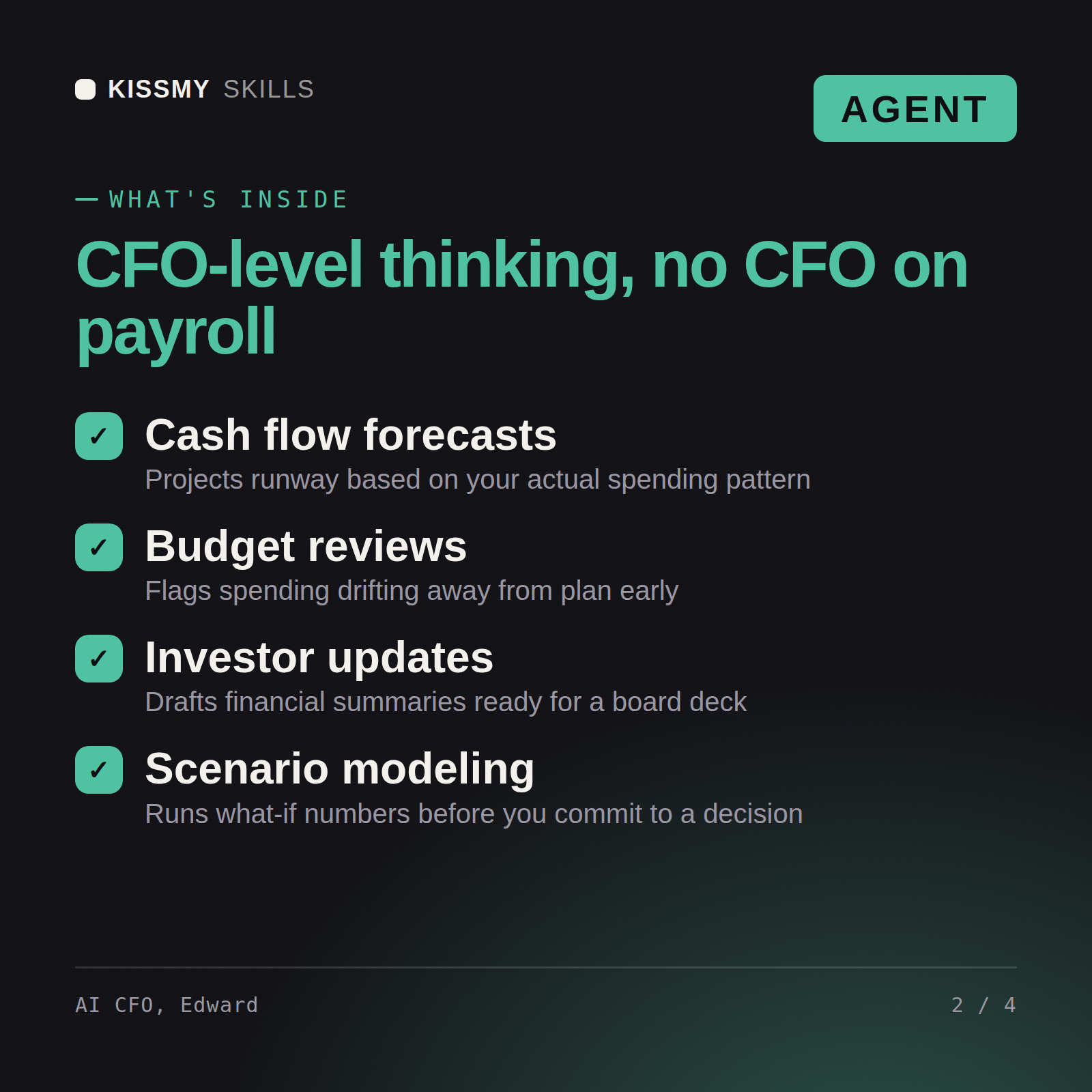 What's inside the AI CFO, Edward AI agent: Cash flow forecasts, Budget reviews, Investor updates, Scenario modeling