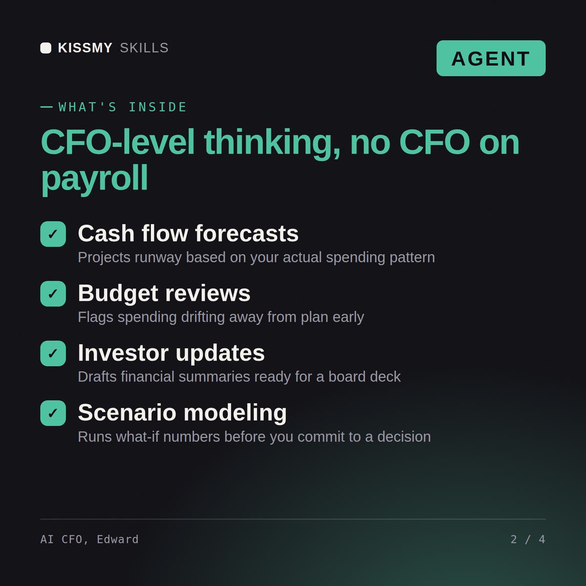 What's inside the AI CFO, Edward AI agent: Cash flow forecasts, Budget reviews, Investor updates, Scenario modeling