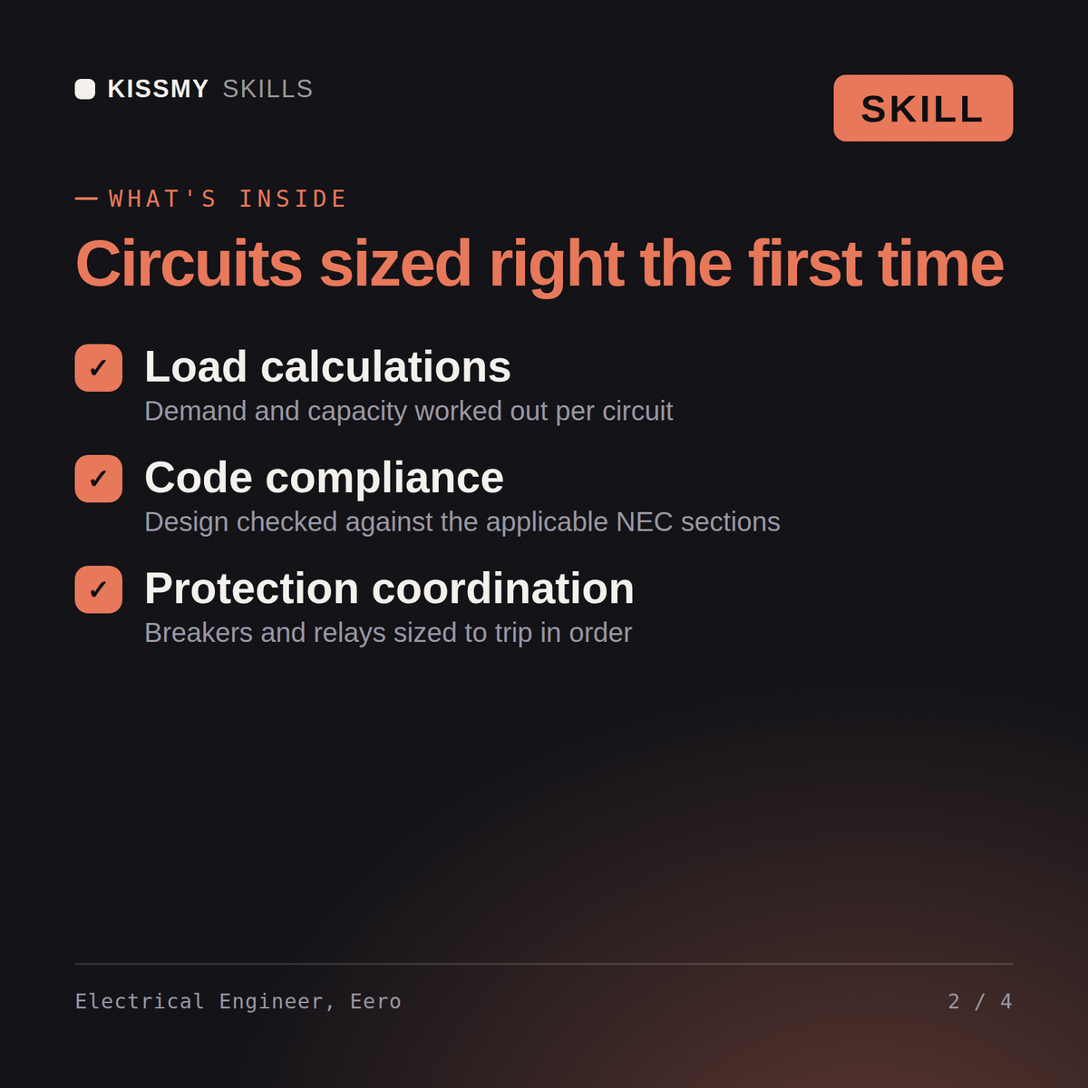 What's inside the Electrical Engineer, Eero AI skill: Load calculations, Code compliance, Protection coordination