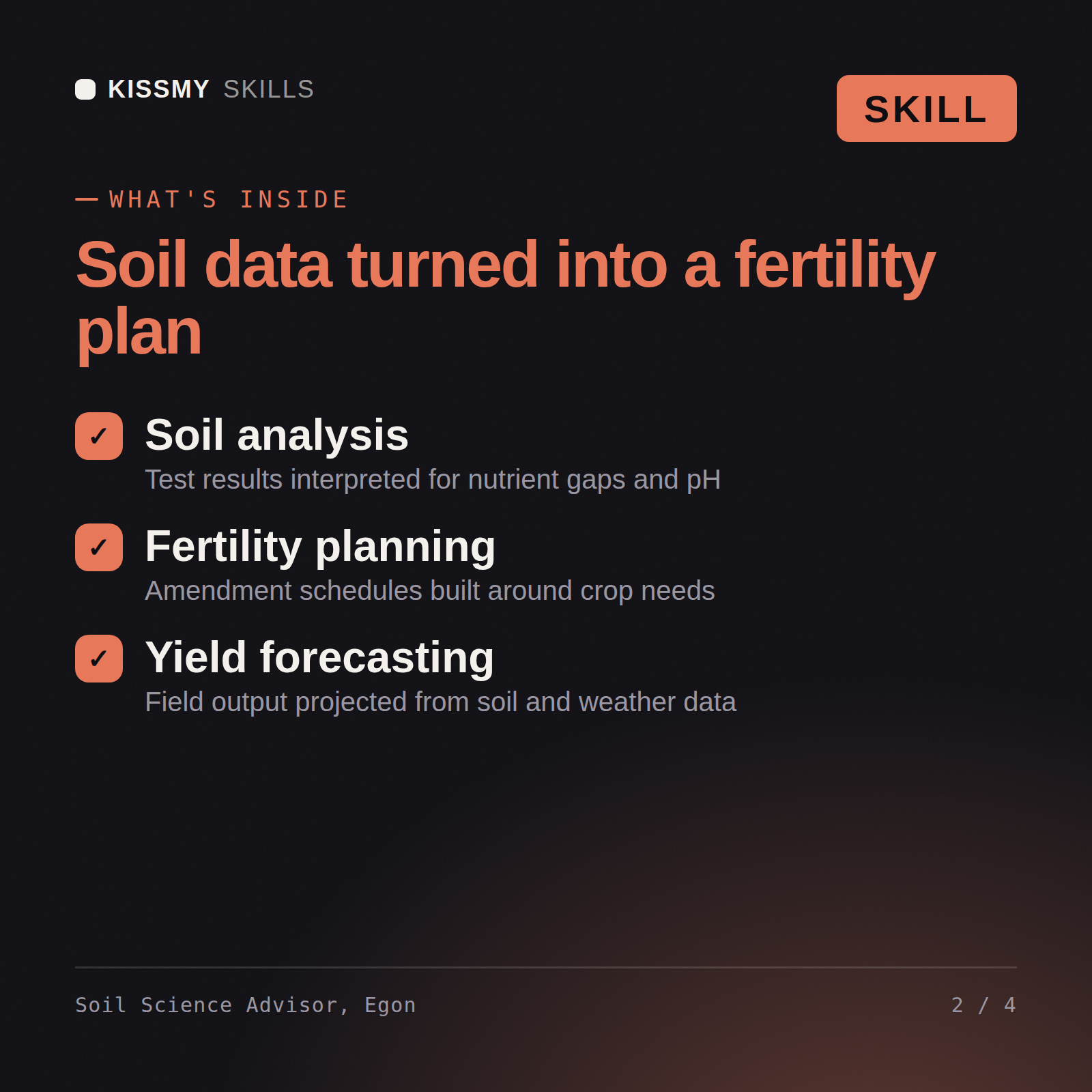 What's inside the Soil Science Advisor, Egon AI skill: Soil analysis, Fertility planning, Yield forecasting