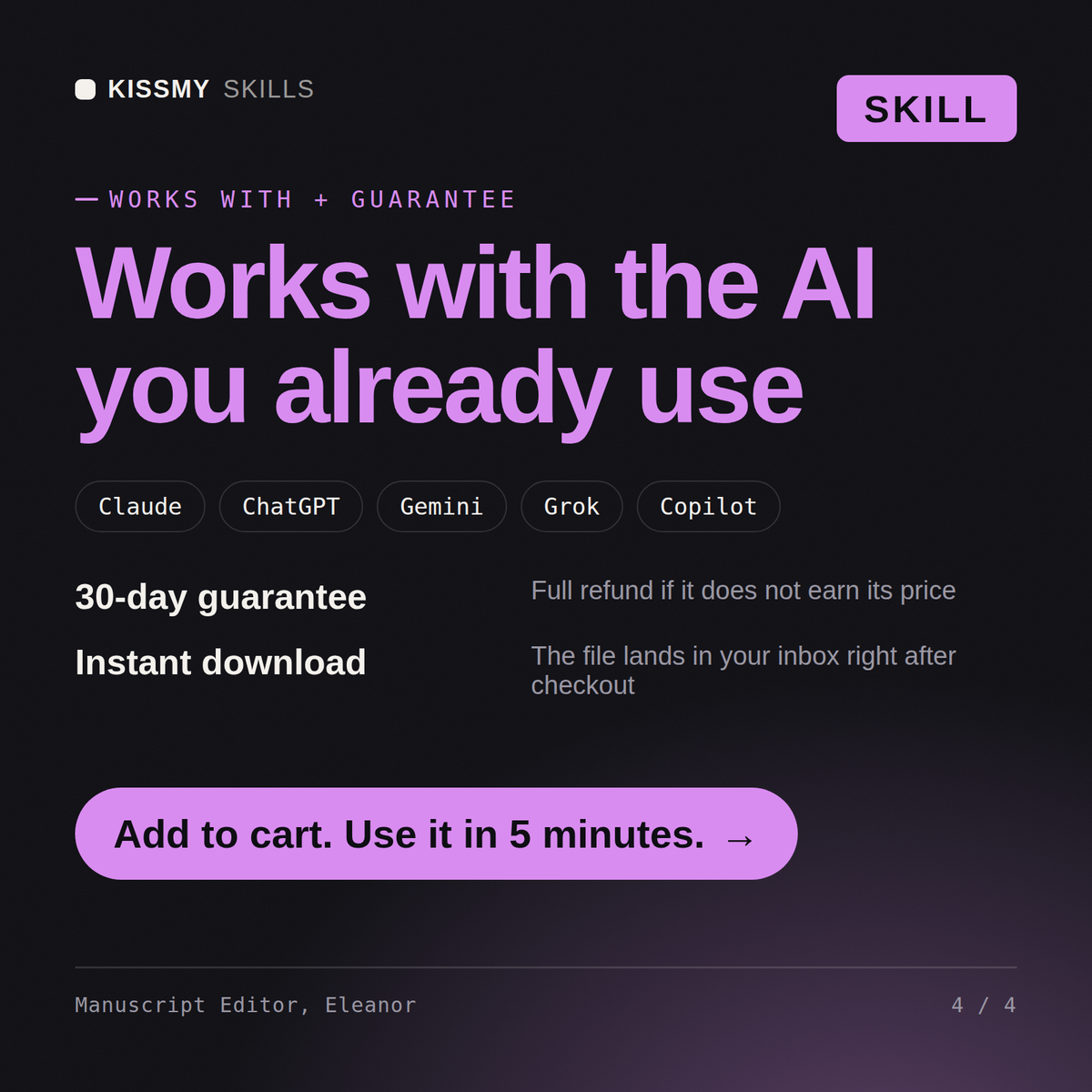 The Manuscript Editor, Eleanor AI skill works with Claude, ChatGPT, Gemini and any AI chat, 30-day money-back guarantee