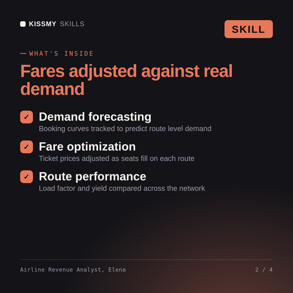 What's inside the Airline Revenue Analyst, Elena AI skill: Demand forecasting, Fare optimization, Route performance