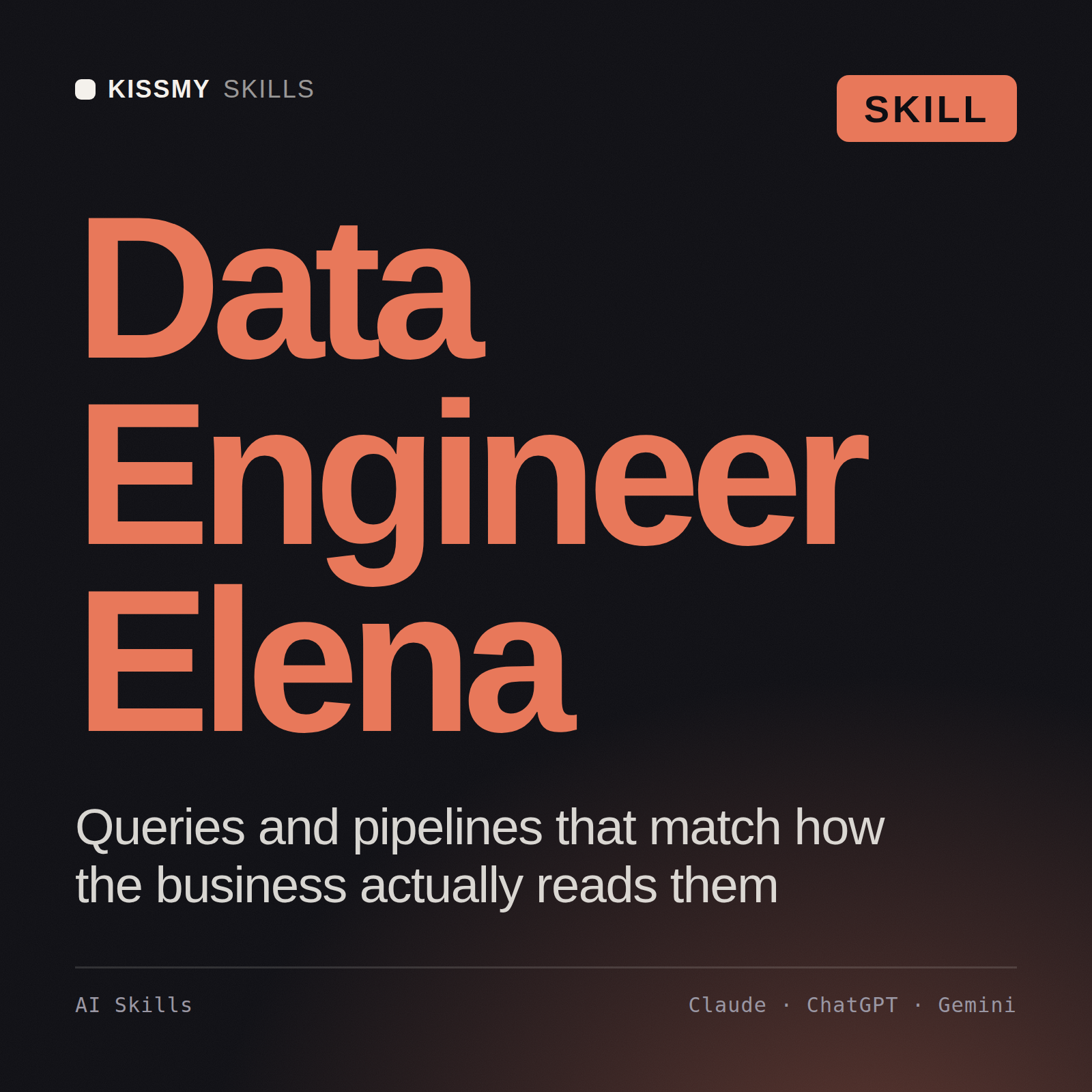 Data Engineer, Elena AI skill by KissMySkills, cover