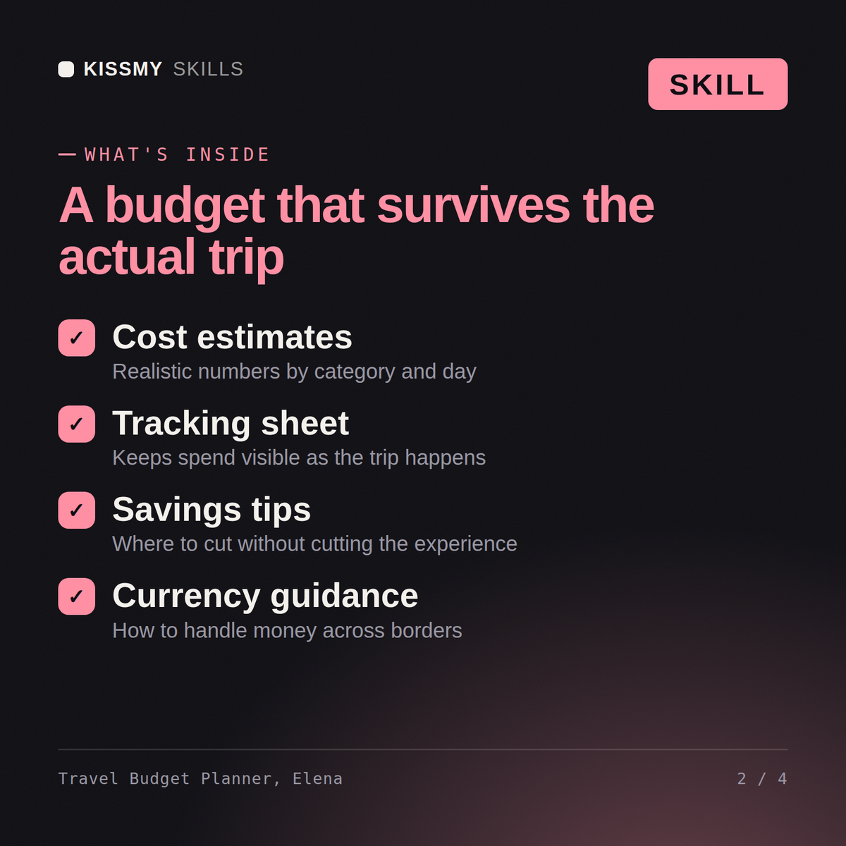 What's inside the Travel Budget Planner, Elena AI skill: Cost estimates, Tracking sheet, Savings tips, Currency guidance