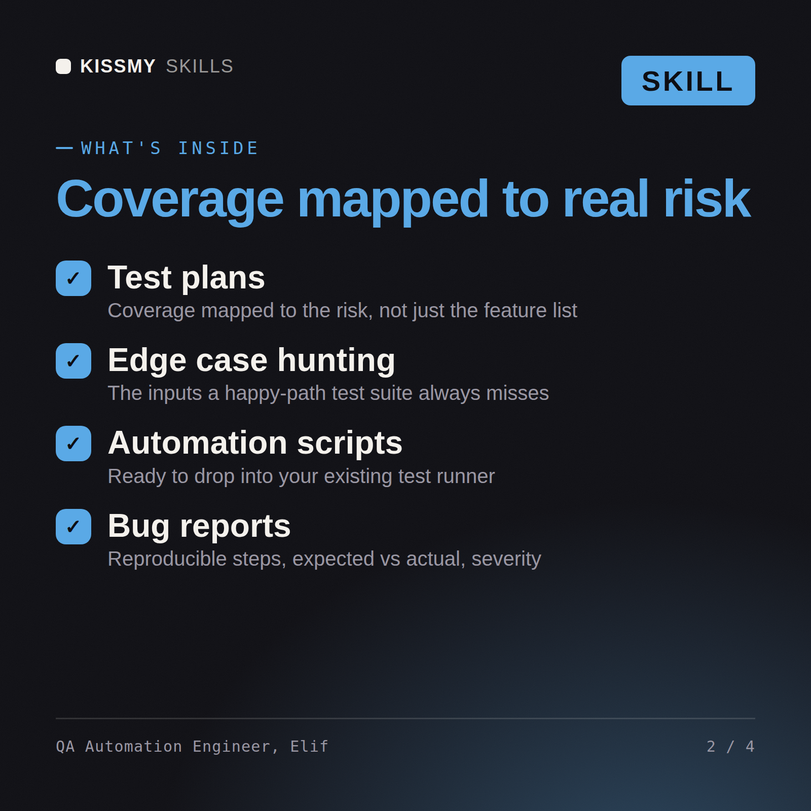 What's inside the QA Automation Engineer, Elif AI skill: Test plans, Edge case hunting, Automation scripts, Bug reports