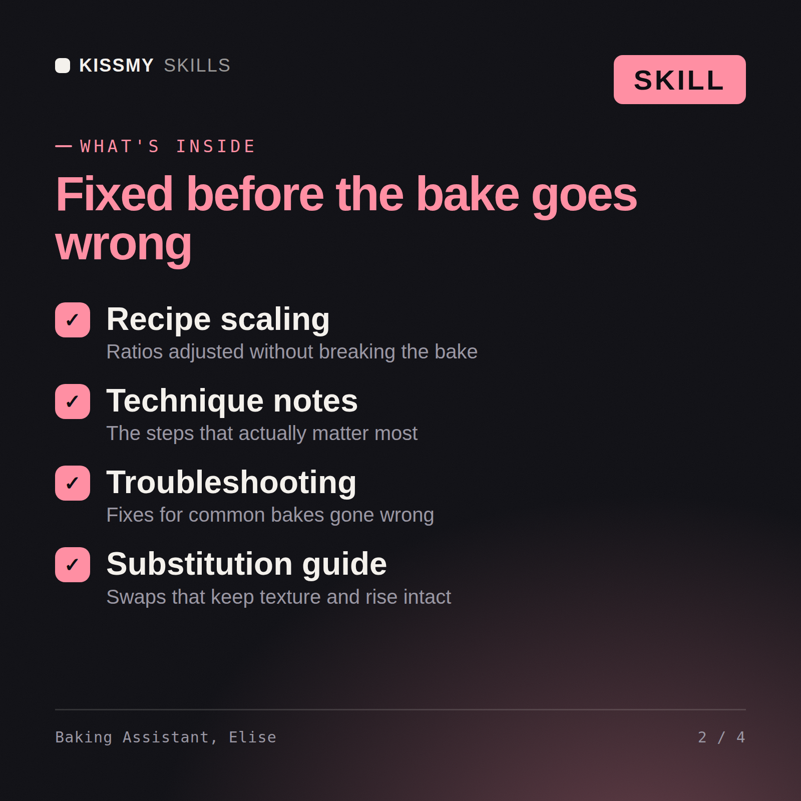 What's inside the Baking Assistant, Elise AI skill: Recipe scaling, Technique notes, Troubleshooting, Substitution guide